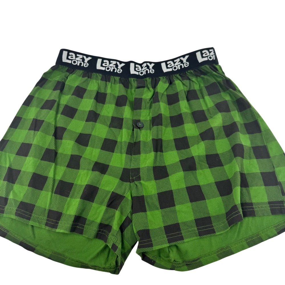 Lazy One Mens XL Moose Caboose Green Buffalo Plaid Cotton Lounge Shorts Humor